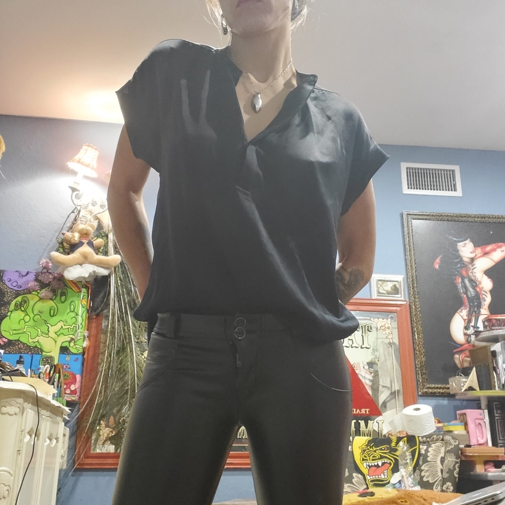 VINCE Oversized Band Collar Silk Shirt Blouse